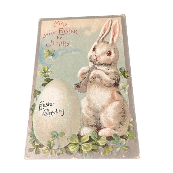 Vtg 1918 Postcard Anthropomorphic Easter Bunny Playing Horn Egg Clover Embossed - Picture 2 of 9